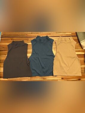 Zara Sleeveless Mock Neck Ribbed Top Set - Blue, Tan, Gray